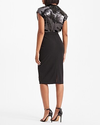 Sequin Draped Mock Neck Midi Sheath Dress