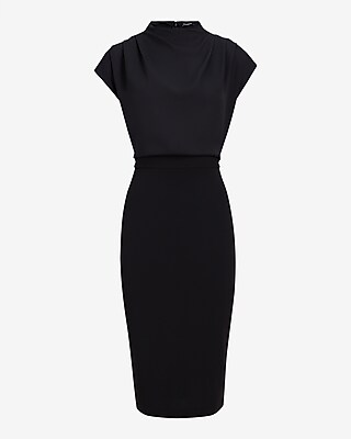 Draped Mock Neck Midi Sheath Dress