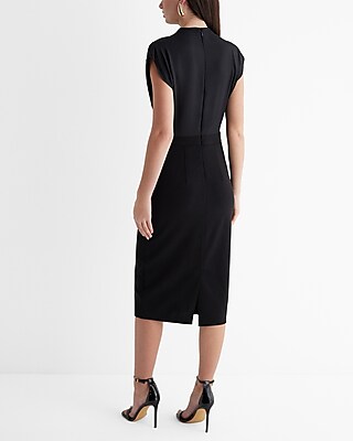 Draped Mock Neck Midi Sheath Dress