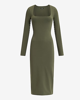 Square Neck Long Sleeve Knit Midi Sheath Dress