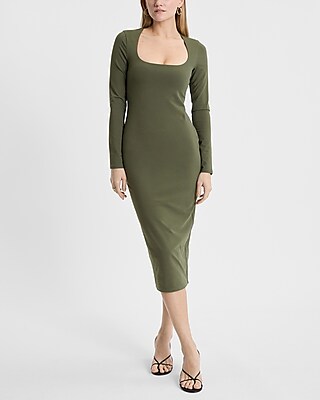 Square Neck Long Sleeve Knit Midi Sheath Dress