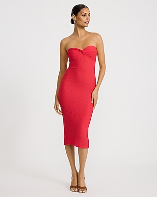 Textured Strapless Sweetheart Twist Front Midi Tube Dress
