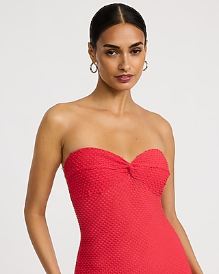Textured Strapless Sweetheart Twist Front Midi Tube Dress