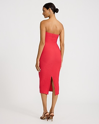 Textured Strapless Sweetheart Twist Front Midi Tube Dress