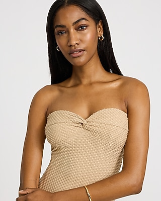 Express Women's Textured Strapless Sweetheart Twist Front Midi Tube Dress in Neutral Large