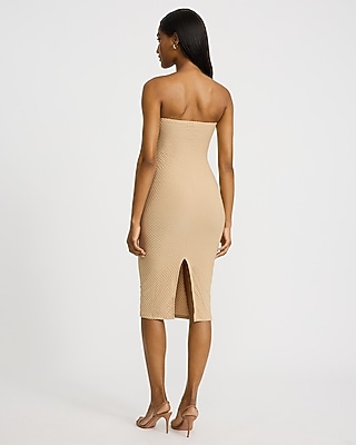 beige tube midi dress Express Women's Textured Strapless Sweetheart Twist Front in White Medium Strapless
