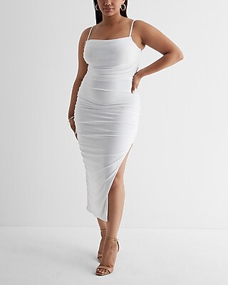 body contour mesh ruched side slit midi dress Body Contour Mesh Ruched Side Slit Midi Dress With Bra Cups