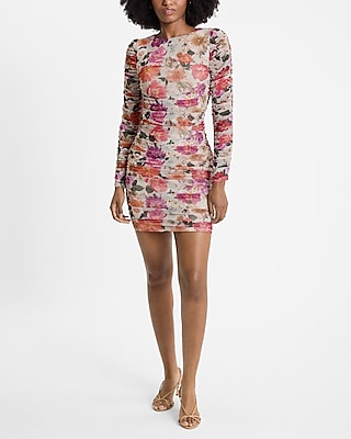 Mesh Floral Long Sleeve Ruched Mini Dress