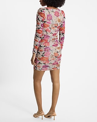 Mesh Floral Long Sleeve Ruched Mini Dress