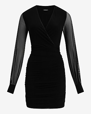 V-Neck Mesh Balloon Sleeve Ruched Mini Sheath Dress - image 4