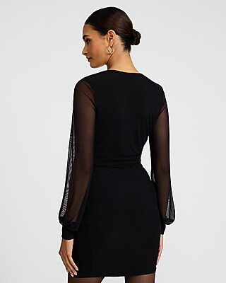 V-Neck Mesh Balloon Sleeve Ruched Mini Sheath Dress - image 2