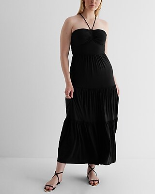 EX - HALTER NK RUCHED BODICE TIERED KNIT MAXI - 9418055:PITCH BLACK:L