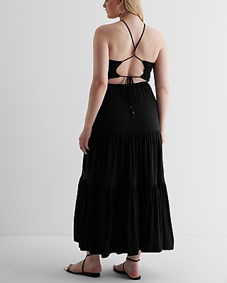 EX - HALTER NK RUCHED BODICE TIERED KNIT MAXI - 9418055:PITCH BLACK:L