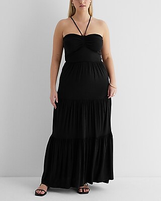 EX - HALTER NK RUCHED BODICE TIERED KNIT MAXI - 9418055:PITCH BLACK:L