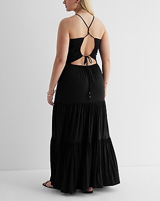 EX - HALTER NK RUCHED BODICE TIERED KNIT MAXI - 9418055:PITCH BLACK:L