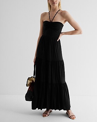 EX - HALTER NK RUCHED BODICE TIERED KNIT MAXI - 9418055:PITCH BLACK:L