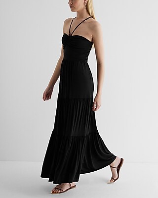 EX - HALTER NK RUCHED BODICE TIERED KNIT MAXI - 9418055:PITCH BLACK:L