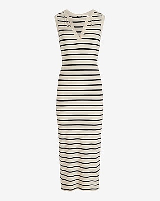 Striped Ribbed Henley Sleeveless Midi Sheath Dress