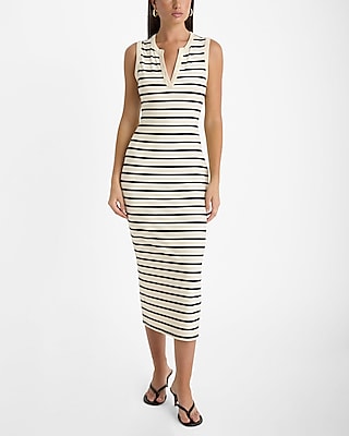 Striped Ribbed Henley Sleeveless Midi Sheath Dress | Express