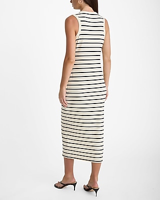 Striped Ribbed Henley Sleeveless Midi Sheath Dress