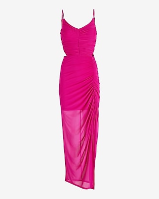 Mesh V-Neck Sleeveless Cutout Ruched Maxi Dress