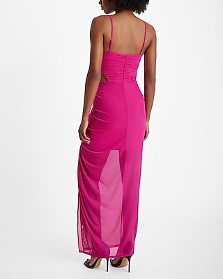 Mesh V-Neck Sleeveless Cutout Ruched Maxi Dress