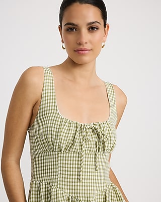 Gingham Smocked Back Dipped Waist Midi Dress with Pockets