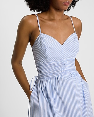 Striped V-Neck Sleeveless Ruched Side Tie Midi Dress