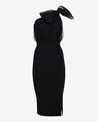 Mesh Polka Dot One Shoulder Bow Midi Sheath Dress