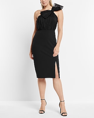 Mesh Polka Dot One Shoulder Bow Midi Sheath Dress