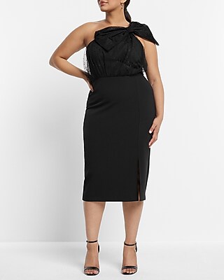 Mesh Polka Dot One Shoulder Bow Midi Sheath Dress