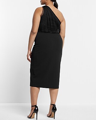 Mesh Polka Dot One Shoulder Bow Midi Sheath Dress