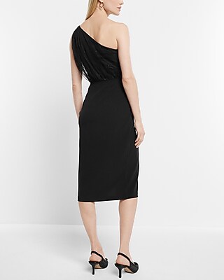 Mesh Polka Dot One Shoulder Bow Midi Sheath Dress