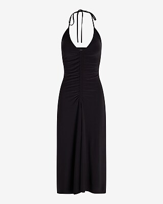 Halter V-Neck Sleeveless Ruched Midi Dress