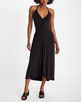 Halter V-Neck Sleeveless Ruched Midi Dress