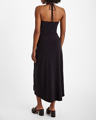 Halter V-Neck Sleeveless Ruched Midi Dress