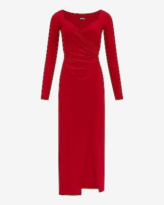 Jersey Sweetheart Long Sleeve Ruched Wrap Midi Dress