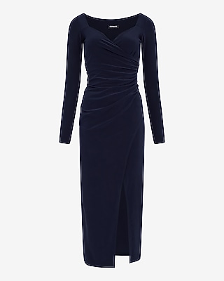 Jersey Sweetheart Long Sleeve Ruched Wrap Midi Dress