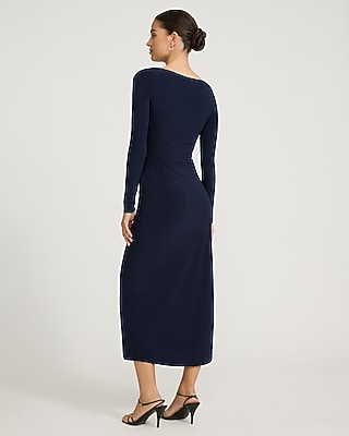 Jersey Sweetheart Long Sleeve Ruched Wrap Midi Dress