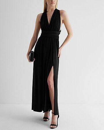 Deep V-neck Draped Bra Long Sleeve Mini Dress Black