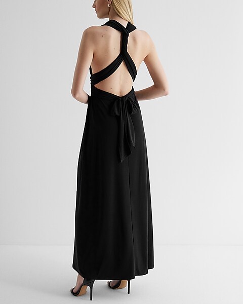 Casual Modern V Neck Women black two piece maxi high slit Dress at