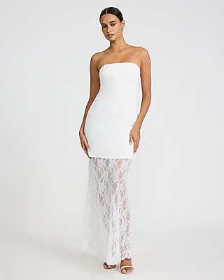 Strapless Mixed Media Sheer Lace Maxi Dress