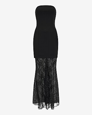 Strapless Mixed Media Sheer Lace Maxi Dress