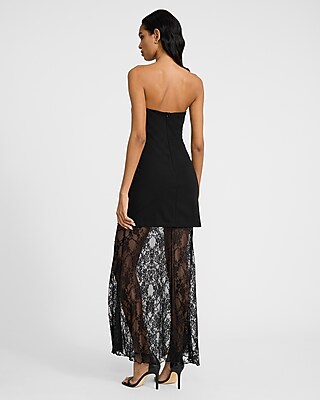 Strapless Mixed Media Sheer Lace Maxi Dress