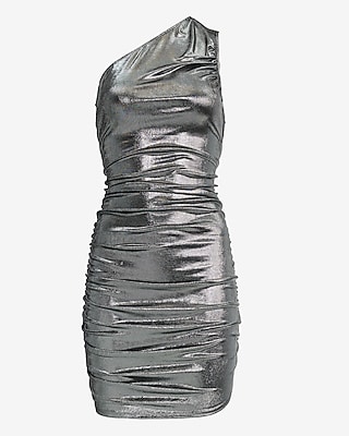 Metallic One Shoulder Ruched Mini Dress