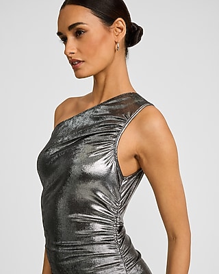 Metallic One Shoulder Ruched Mini Dress