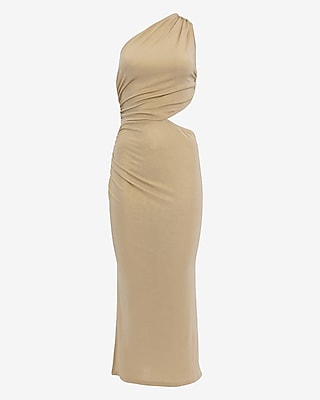 Metallic One Shoulder Cutout Ruched Midi Dress