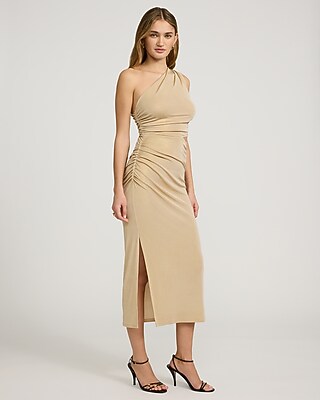 Metallic One Shoulder Cutout Ruched Midi Dress