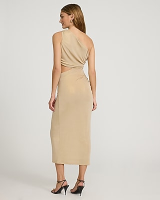 Metallic One Shoulder Cutout Ruched Midi Dress