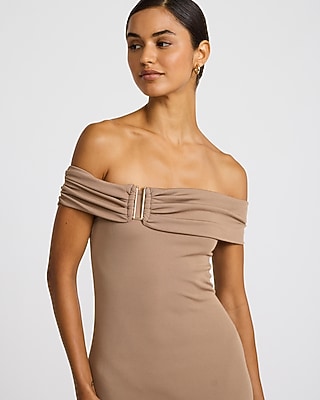Ribbed Off The Shoulder Hardware Midi Knit Dress